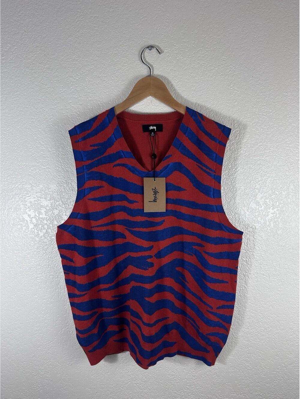 Stussy Tiger Print Sweater Vest Red Blue Merino Wool Blend Size M